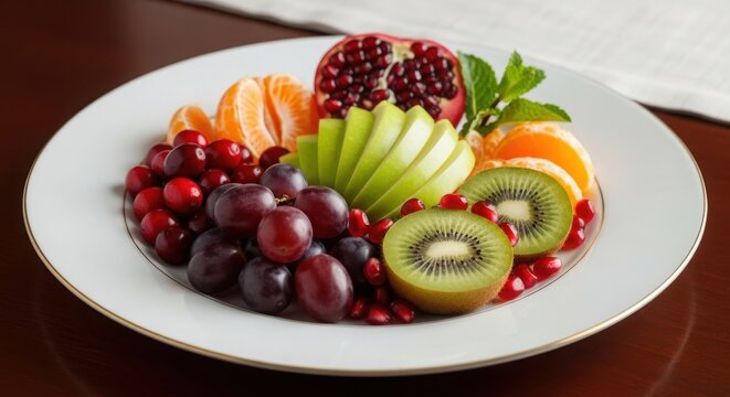 Vibrant Fruit Platter: A Medley of Red Cranberries, Juicy Dark Grapes, Sliced Green Apples, Segmented Tangerines, and Fresh Kiwi on a White Plate with Soft Lighting