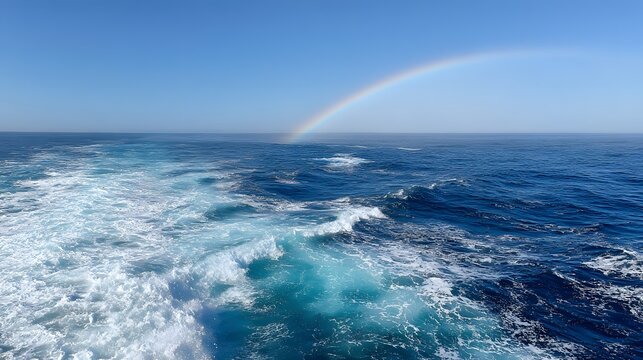 Visible arc of spectral colors spans the deep blue ocean surface beneath a clear sky