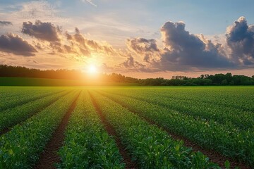 Obraz premium Sun setting over vast green agricultural field with rows of crops and a partly cloudy sky creating a peaceful rural scene