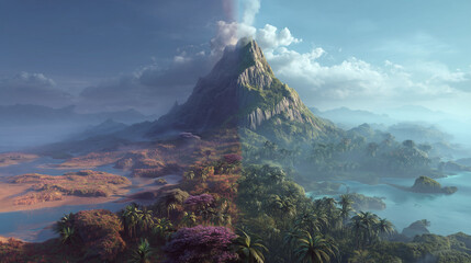 Erupting volcano landscape tropical forest digital art serene environment wide-angle view nature's power unleashed