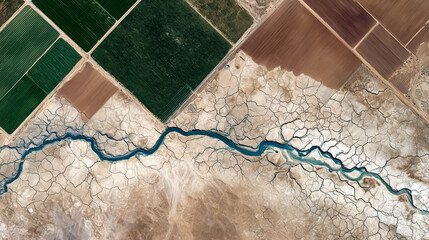 Aerial view of cracked earth and river agriculture region satellite image arid environment top-down perspective
