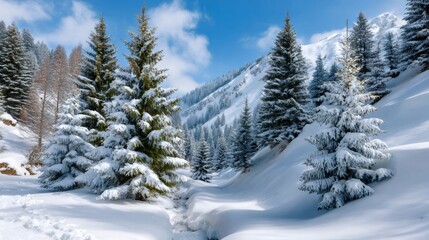 Snow covered valley with pine trees and mountains