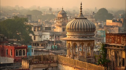 Obraz premium Historic architectural dome structure rises above densely packed urban rooftops bathed in warm sunlight.