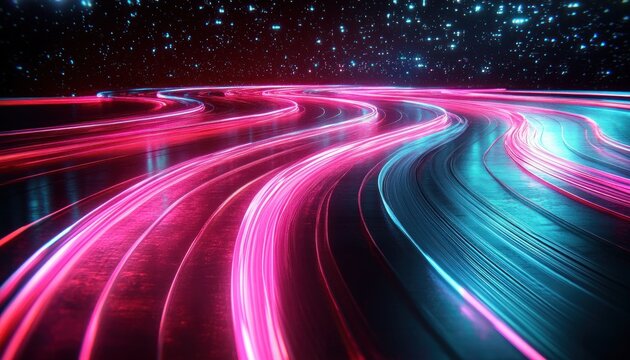 Curved flowing neon pink and blue light trails on a reflective dark surface against a starry space-like background creating a futuristic and dynamic atmosphere