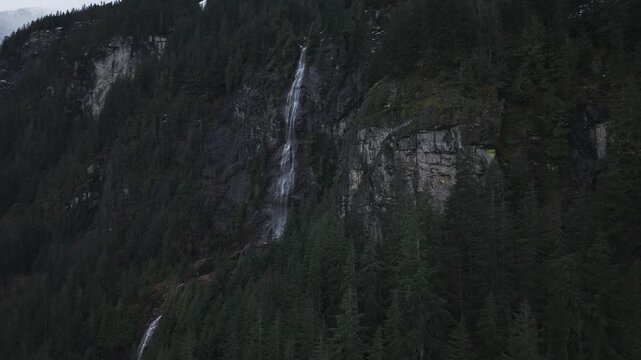 Cinematic Fog and Waterfall Scene in Coastal British Columbia Wilderness