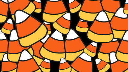 Pattern of candy corn on a black background perfect for halloween themed designs, party invitations, stationery, and festive social media graphics. 