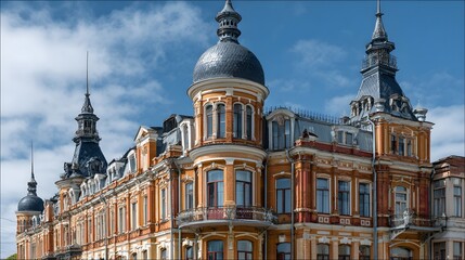 Ornate historic building facade features multiple domed towers against a bright blue sky
