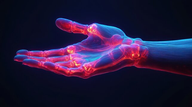 digital visualization of a human hand with glowing red joints and blue tendons on a dark background conveying anatomy and motion