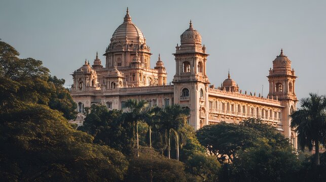 Ornate historical structure with prominent domes rises above lush tropical foliage against a pale sky