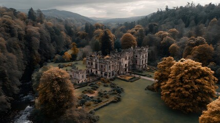 Aerial view captures imposing stone manor nestled within a densely forested valley landscape