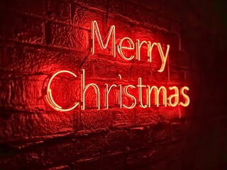 Bright red neon 'Merry Christmas' sign glows against a textured brick wall for festive holiday celebrations
