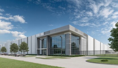 A large modern industrial building with a glass facade stands under a bright blue sky with fluffy clouds.