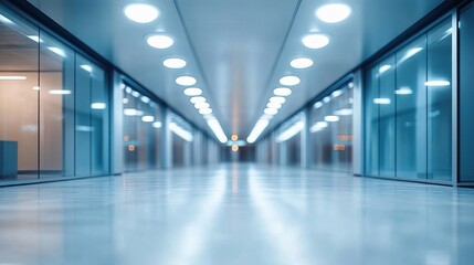 Fototapeta premium Empty modern corridor with glass walls on both sides and ceiling lights creating a symmetrical and futuristic atmosphere
