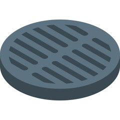 Round gray metal sewer grate with parallel bars on a transparent background isolated