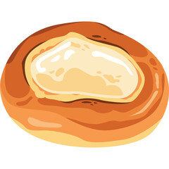 Round golden brown pastry with a creamy white filling in the center against a transparent background