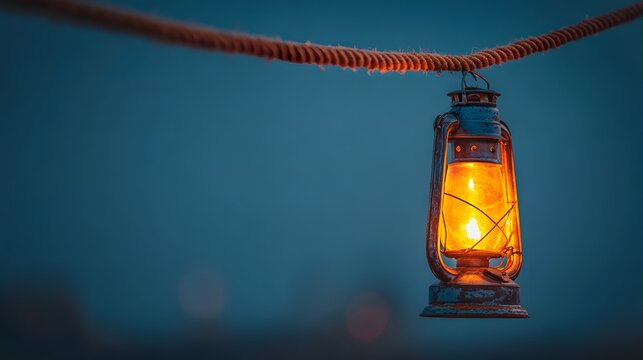 Illuminated vintage lantern hangs from a thick twisted rope against a deep blue twilight background