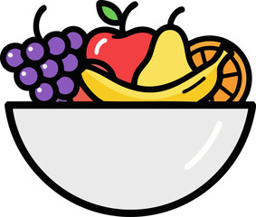 Fruit bowl icon, simple line art with flat color, vector illustration isolated on white.