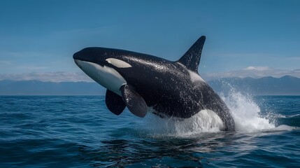 Fototapeta premium Large marine mammal breaches water surface against a backdrop of blue sky and distant landforms