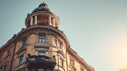 Ornate historical building facade features a rounded corner turret against a clear sky