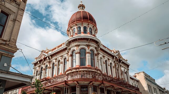 Ornate historical building featuring a prominent dome towers above a streetscape under a partly cloudy sky. - Powered by Adobe