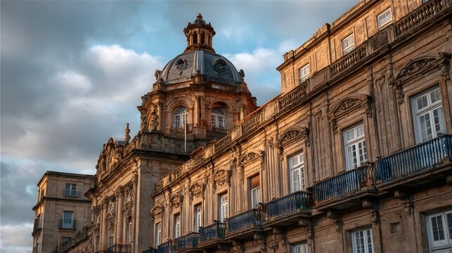 Ornate European governmental or institutional building facade features detailed stonework beneath a domed roof structure. - Powered by Adobe