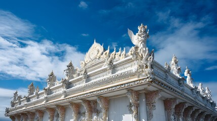 Ornate white temple architecture stands dramatically against a bright blue sky with scattered clouds