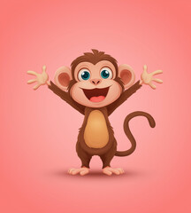 Obraz premium Cheerful cartoon monkey with arms raised, ready for fun and playful designs, bringing joy