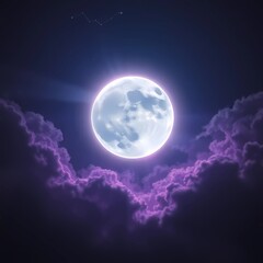 A full moon shining brightly in a dark sky with purple clouds at the bottom edge