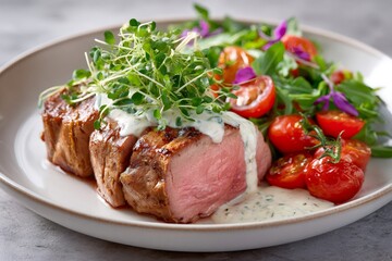 Pork tenderloin dinner with microgreens and fresh salad