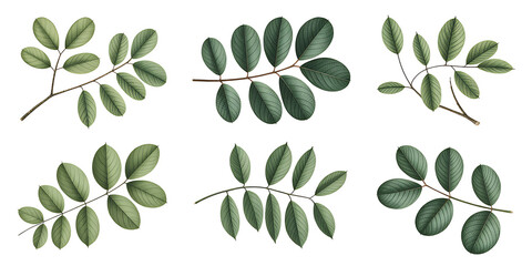 Botanical Illustration of Green Leaf Branches - Set of 6. Isolated on Transparent background. PNG