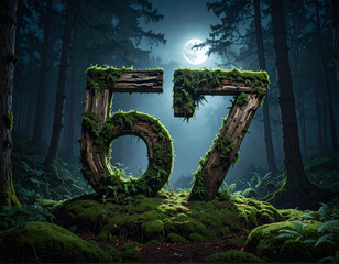 Fototapeta premium A single number made of aged wood covered with deep green moss, illuminated by cold moonlight and surrounded by forest mist
