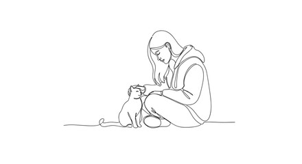 Woman petting stray cat on street in line art symbolizing empathy and care