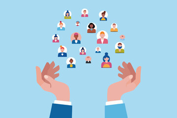 Two open hands gently holding a diverse group of people icons against a light blue background