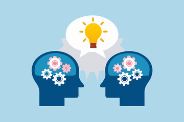 Two heads with gears inside and a lightbulb in a speech bubble representing shared ideas and collaboration