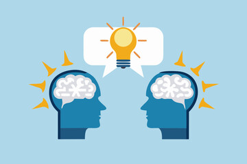 Two people thinking together sharing ideas and a lightbulb representing innovation and collaboration
