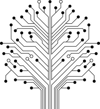 A monochrome graphic illustration of a tree made from electronic circuit board traces and nodes.