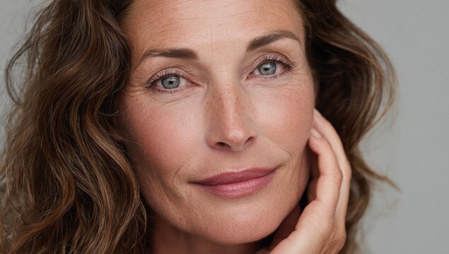 A mature woman with a gentle smile touches her face, showcasing natural beauty and aging gracefully for a portrait.