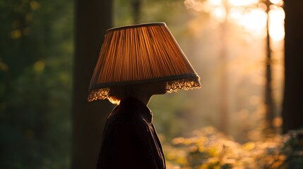 Silhouette of a person wearing a lampshade over their head against a bright outdoor backdrop