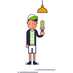 Enthusiastic young man holding a fluorescent light bulb, symbolizing energy saving and innovation