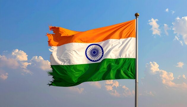 Indian flag fluttering under cloudy sky — saffron, white, and green