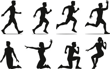 Silhouette people running walking exercising in various fitness poses, workout training collection, jogging, stretching and healthy lifestyle concept illustration