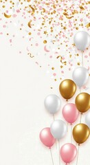 Festive illustration, balloons in gold, white & pink, confetti on cream backdrop