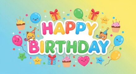 Fototapeta premium Colorful animated birthday card with text, gifts, balloons, confetti, and cupcake illustrations
