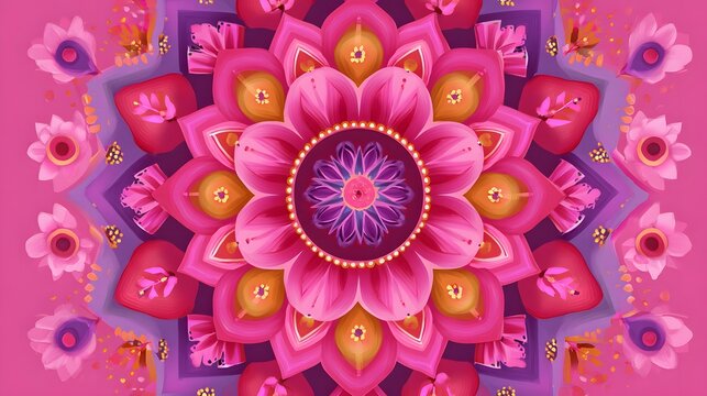 Symmetrical floral design radiates with vibrant pink and purple tones