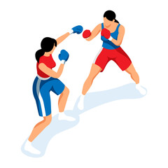 Two female boxers sparring in a boxing match with red and blue boxing gloves and attire