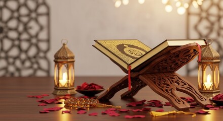 Golden-covered sacred book on carved stand, lanterns, beads, petals, warm light