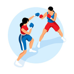 Two women in boxing gloves and sportswear sparring in a boxing ring with dynamic poses