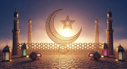 Golden crescent and star illuminated by sun, surrounded by towers, lanterns, and patterns