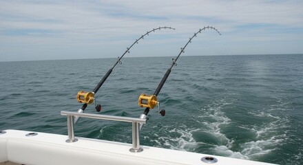 Two fishing rods on a boat, ready for action on calm waters