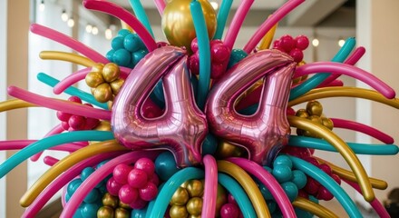 Vibrant balloon arrangement featuring shiny pink number 44, bursts of color
